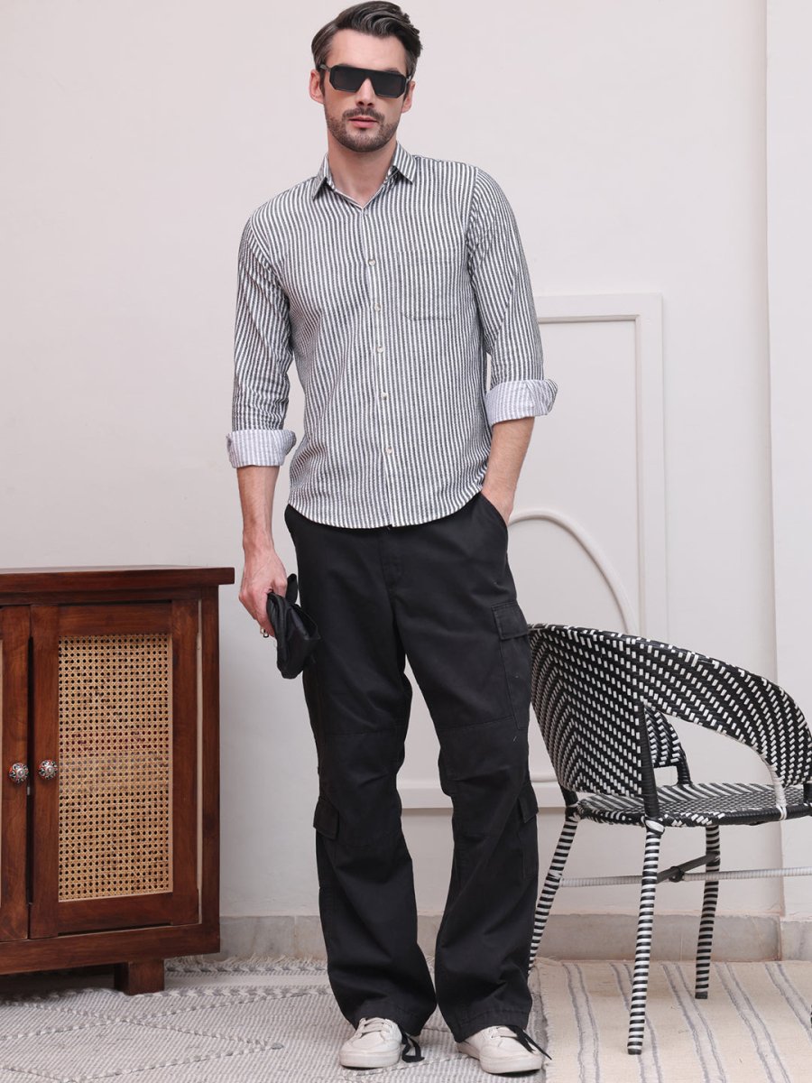 Grey Striped Cotton Shirt for Men - SF_9006Grey_S