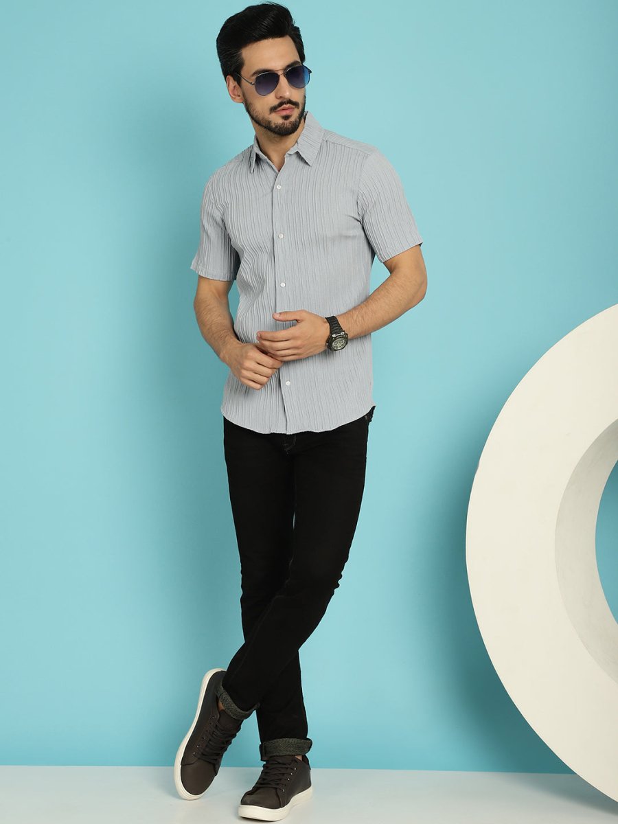 Grey Striped Half Sleeve Shirt for Men - SF_899Light-Grey_S