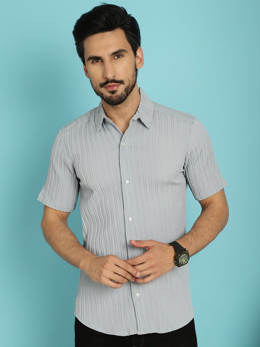 Grey Striped Half Sleeve Shirt for Men - SF_899Light-Grey_S
