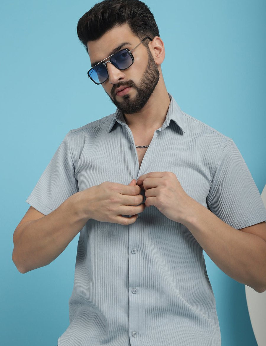 Grey Striped Half Sleeve Shirt for Men - SF_921Light-Grey_S