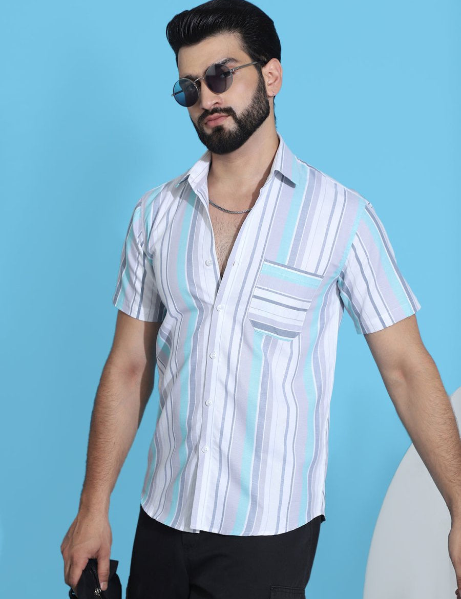 Grey Striped Half Sleeve Shirt for Men - SF_952Grey_S