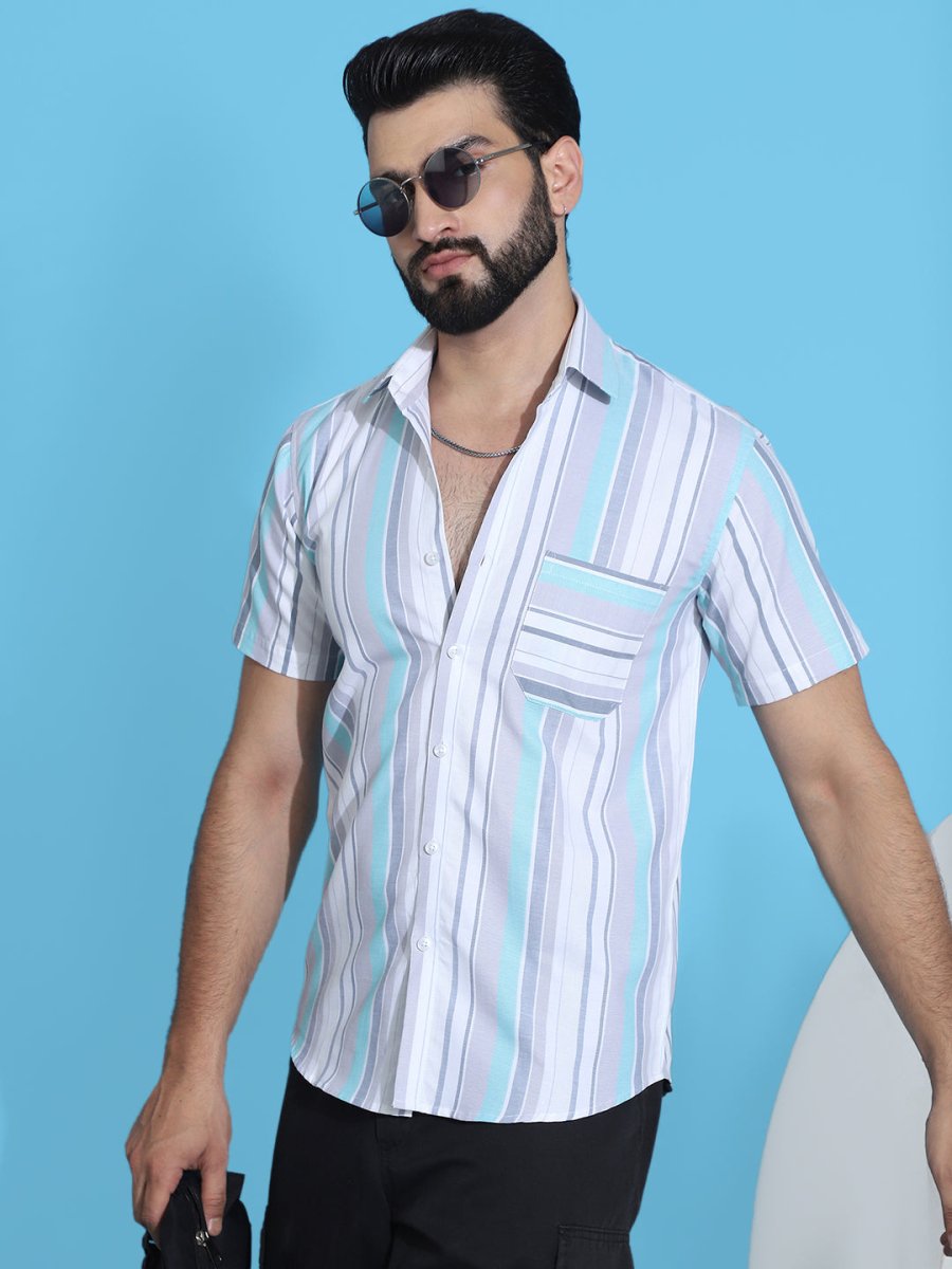 Grey Striped Half Sleeve Shirt for Men - SF_952Grey_S