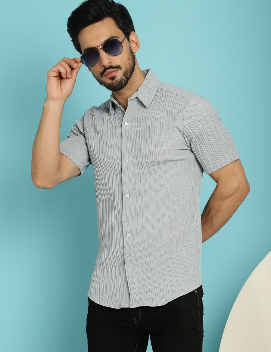 Grey Striped Half Sleeve Shirt for Men - SF_899Light-Grey_S
