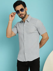 Grey Striped Half Sleeve Shirt for Men - SF_899Light-Grey_S
