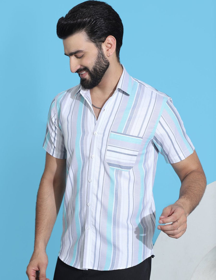 Grey Striped Half Sleeve Shirt for Men - SF_952Grey_S