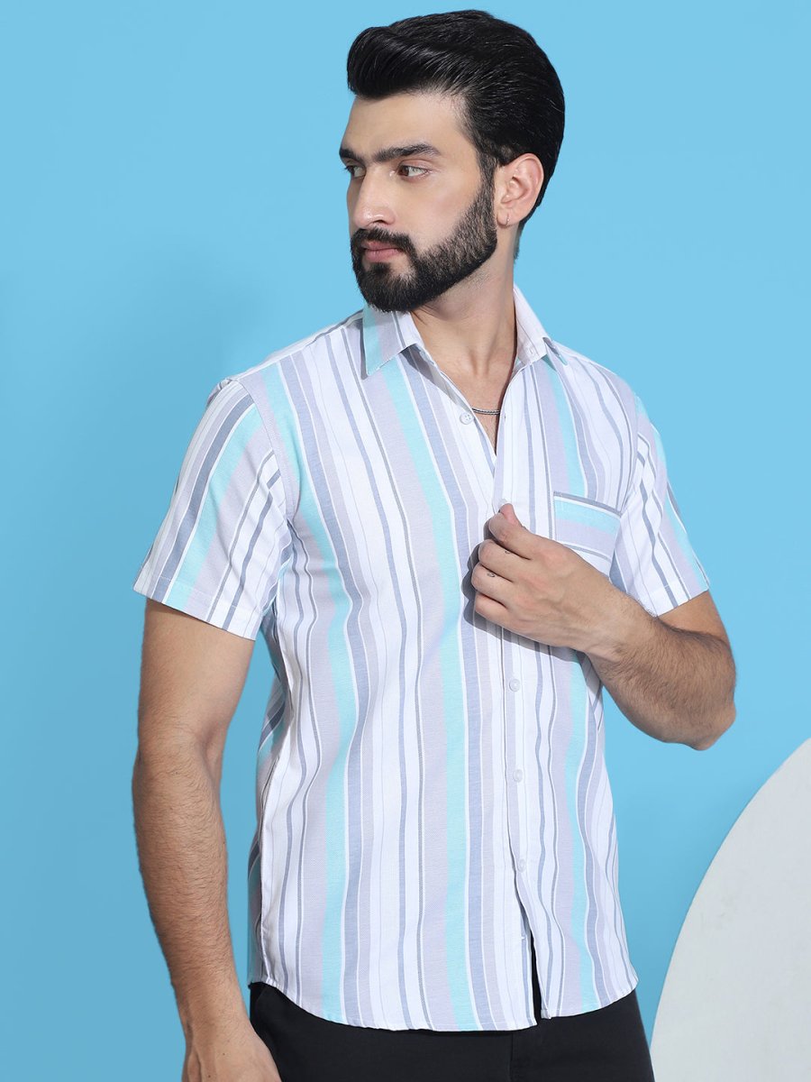 Grey Striped Half Sleeve Shirt for Men - SF_952Grey_S
