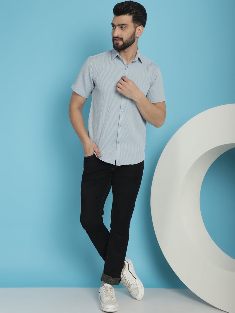 Grey Striped Half Sleeve Shirt for Men - SF_921Light-Grey_S