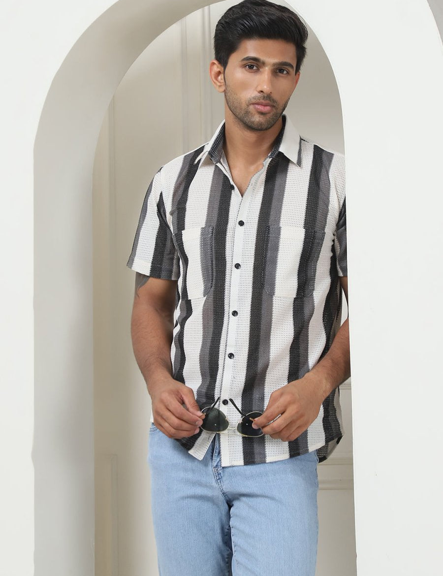 Grey Striped Half Sleeve Shirt for Men - SF_953Grey_S