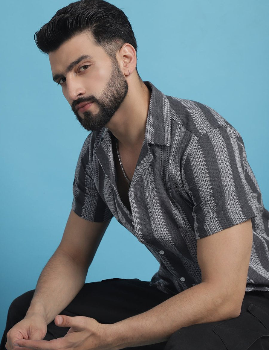 Grey Striped Party Shirt for Men - SF_931Grey_S