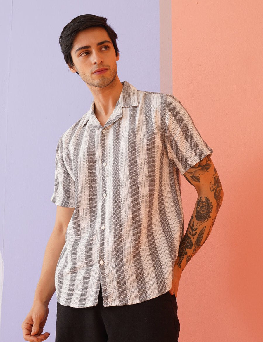 Grey Striped Party Shirt for Men - SF_931White_S