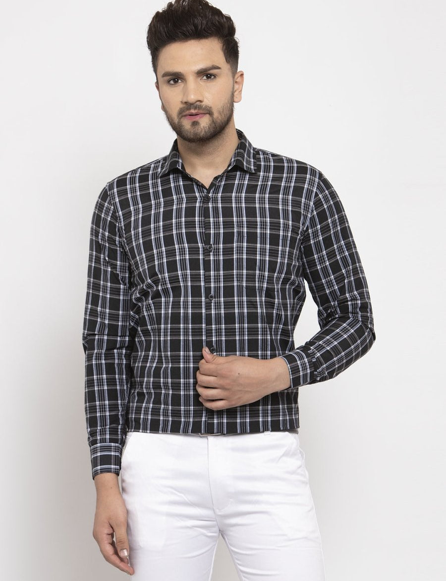 Indian Needle Black Men's Cotton Checked Formal Shirt's - SF_764Black_S