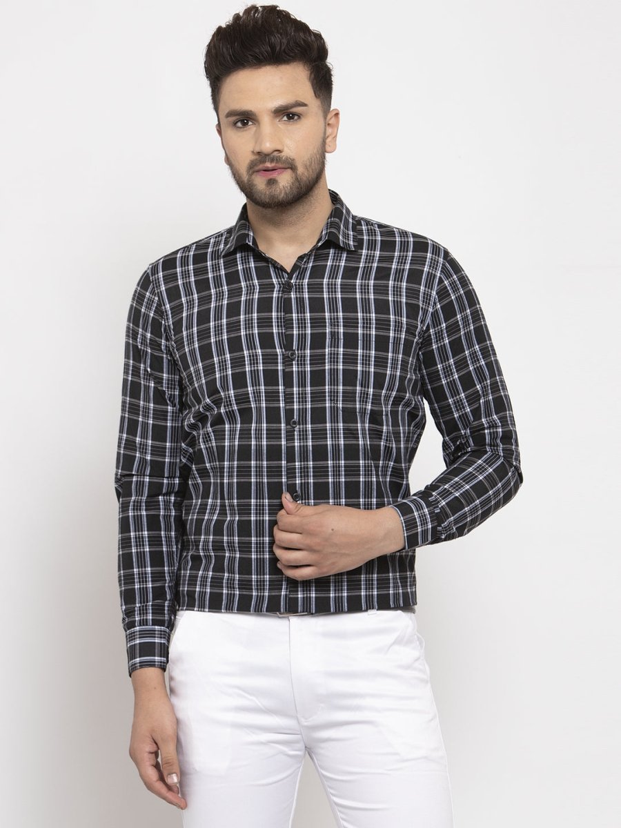 Indian Needle Black Men's Cotton Checked Formal Shirt's - SF_764Black_S