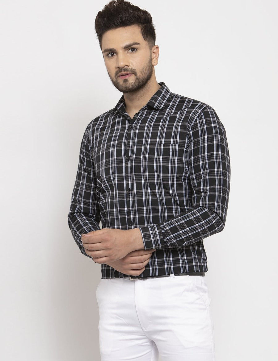 Indian Needle Black Men's Cotton Checked Formal Shirt's - SF_764Black_S