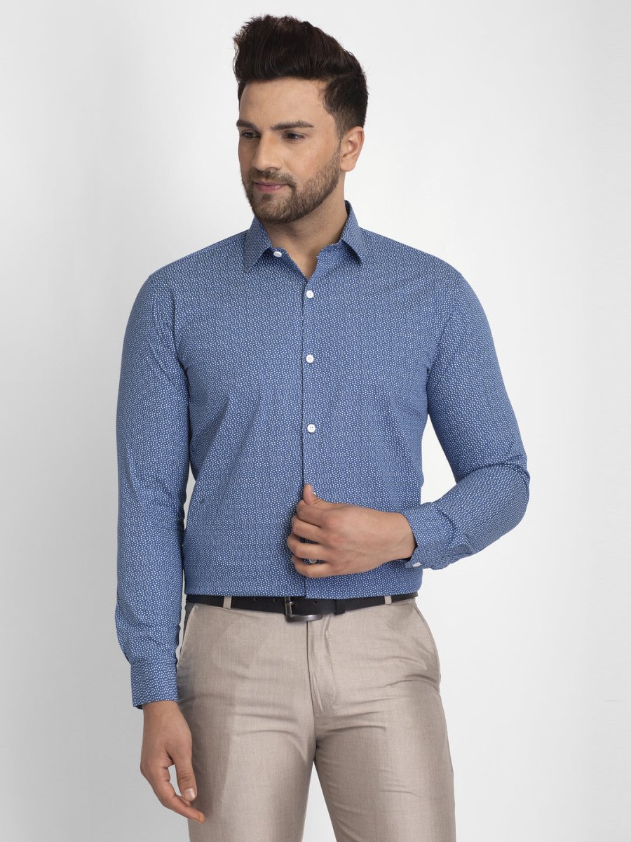 Indian Needle Blue Men's Cotton Printed Formal Shirts - SF_428Blue_S