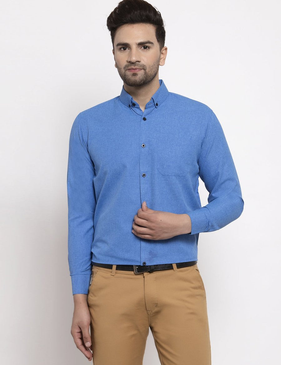 Indian Needle Blue Men's Cotton Solid Button Down Formal Shirts - SF_734Blue_S