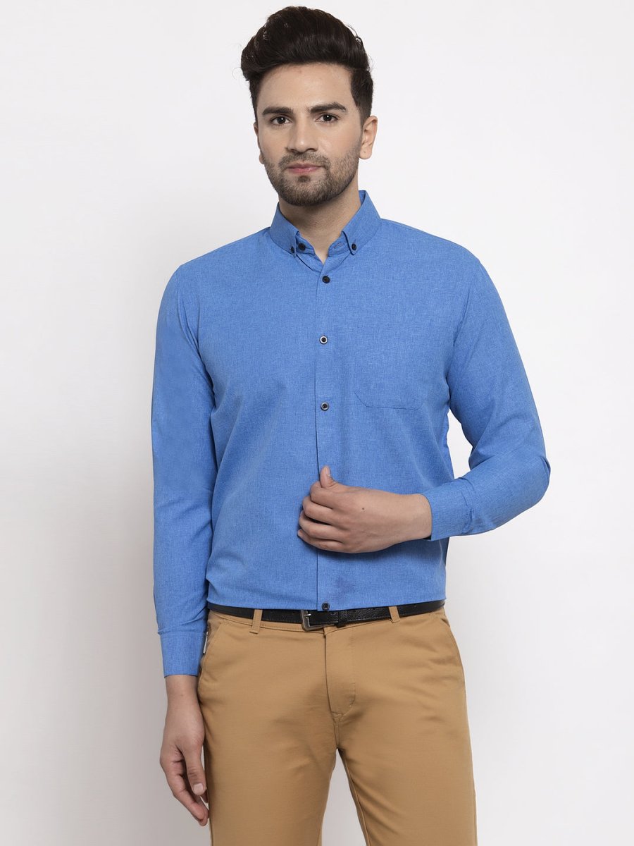 Indian Needle Blue Men's Cotton Solid Button Down Formal Shirts - SF_734Blue_S
