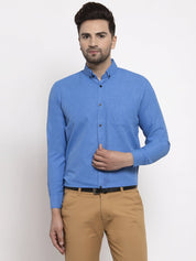 Indian Needle Blue Men's Cotton Solid Button Down Formal Shirts - SF_734Blue_S