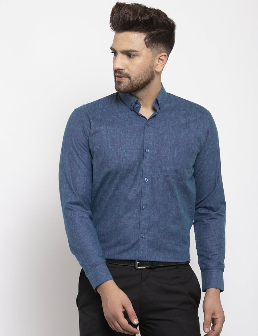 Indian Needle Blue Men's Cotton Solid Button Down Formal Shirts - SF_753Teal_S