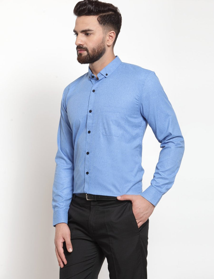 Indian Needle Blue Men's Cotton Solid Button Down Formal Shirts - SF_734Light-Blue_S