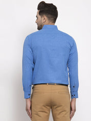 Indian Needle Blue Men's Cotton Solid Button Down Formal Shirts - SF_734Blue_S