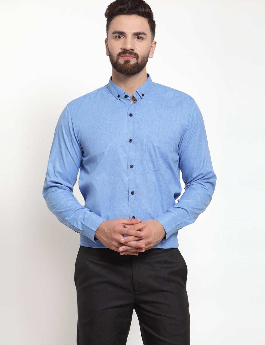 Indian Needle Blue Men's Cotton Solid Button Down Formal Shirts - SF_734Light-Blue_S
