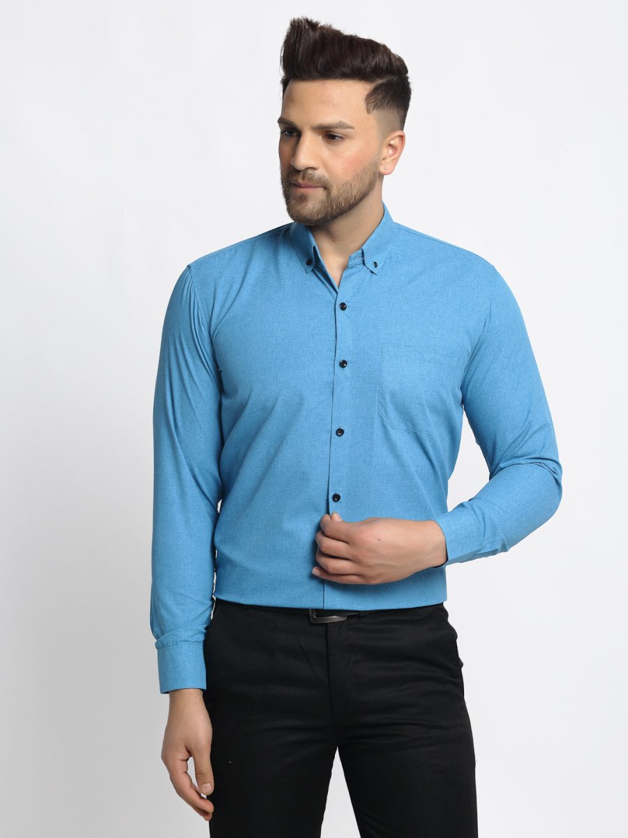 Indian Needle Blue Men's Cotton Solid Button Down Formal Shirts - SF_734Sky_S