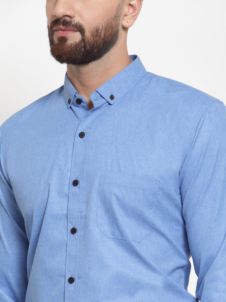 Indian Needle Blue Men's Cotton Solid Button Down Formal Shirts - SF_734Light-Blue_S