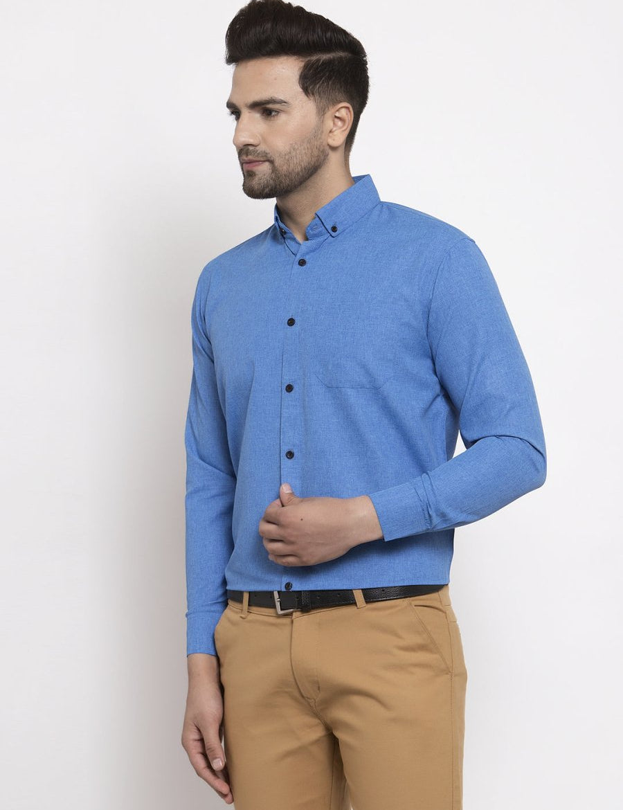 Indian Needle Blue Men's Cotton Solid Button Down Formal Shirts - SF_734Blue_S