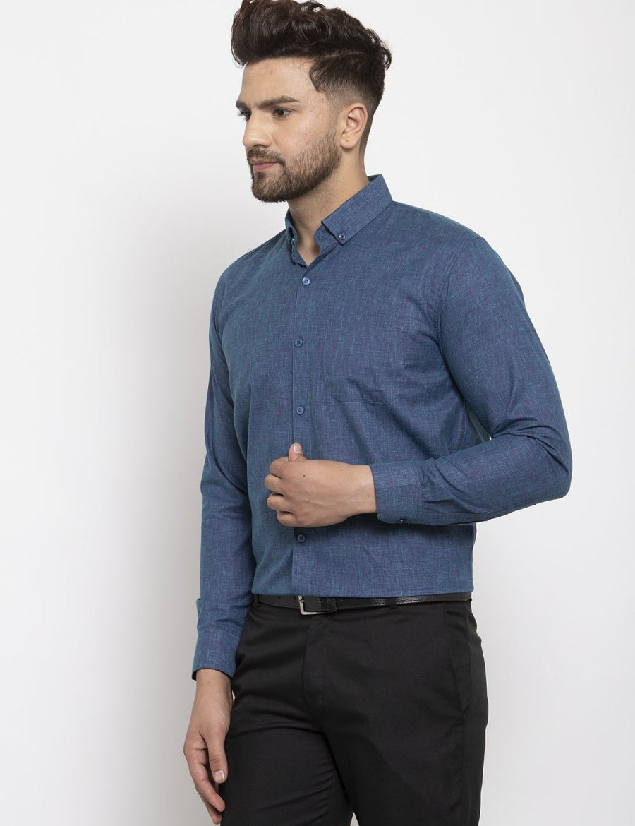 Indian Needle Blue Men's Cotton Solid Button Down Formal Shirts - SF_753Teal_S