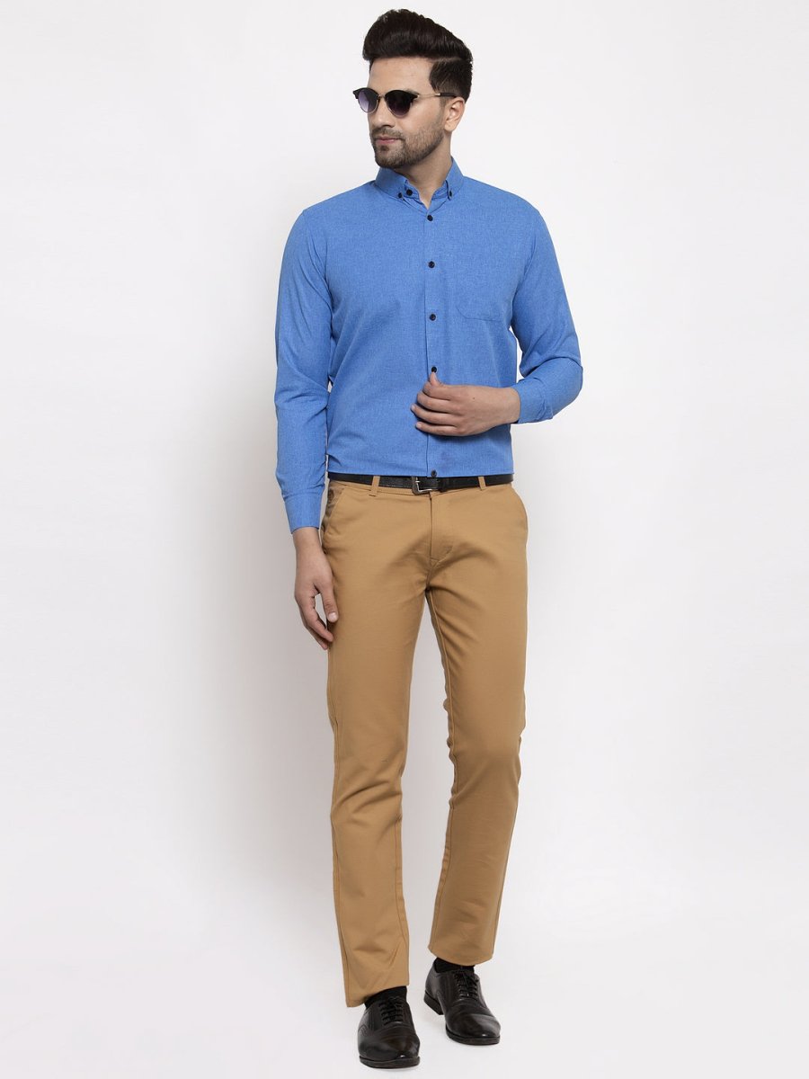 Indian Needle Blue Men's Cotton Solid Button Down Formal Shirts - SF_734Blue_S