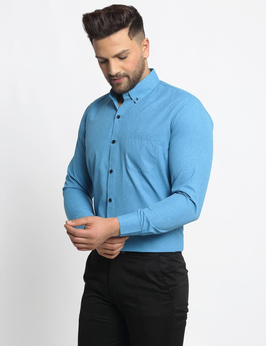 Indian Needle Blue Men's Cotton Solid Button Down Formal Shirts - SF_734Sky_S