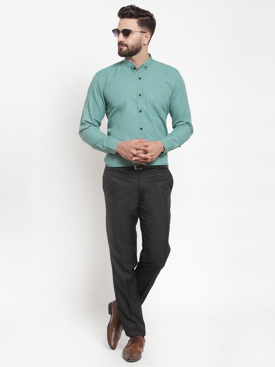 Indian Needle Green Men's Cotton Solid Button Down Formal Shirts - SF_734Green_S