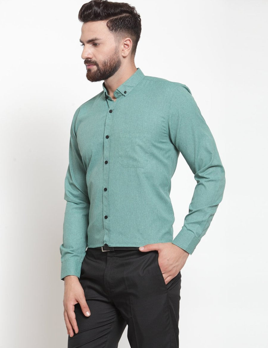 Indian Needle Green Men's Cotton Solid Button Down Formal Shirts - SF_734Green_S