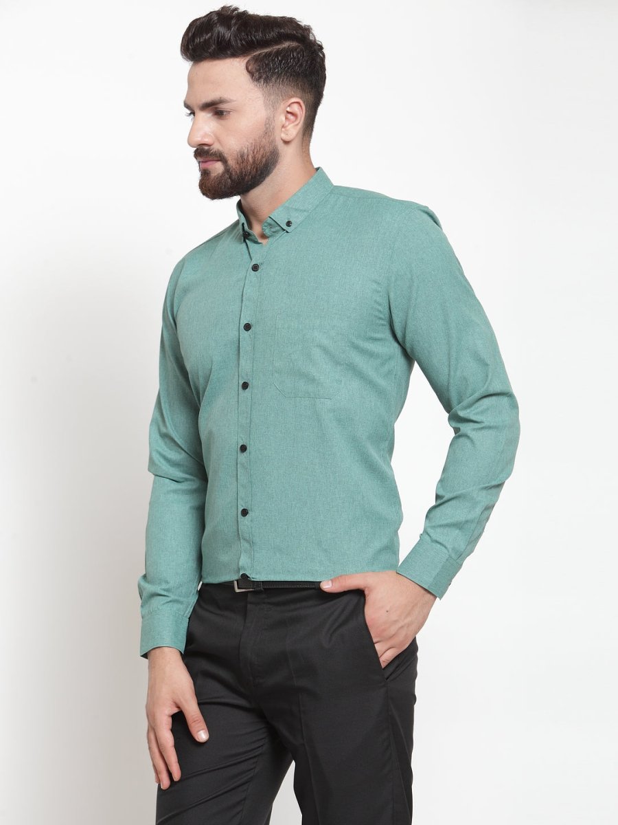 Indian Needle Green Men's Cotton Solid Button Down Formal Shirts - SF_734Green_S