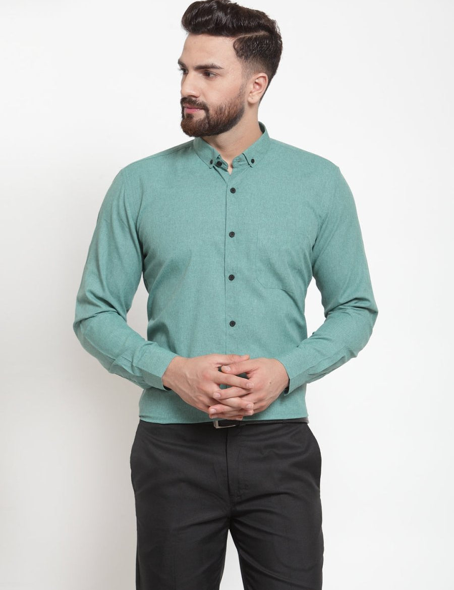 Indian Needle Green Men's Cotton Solid Button Down Formal Shirts - SF_734Green_S