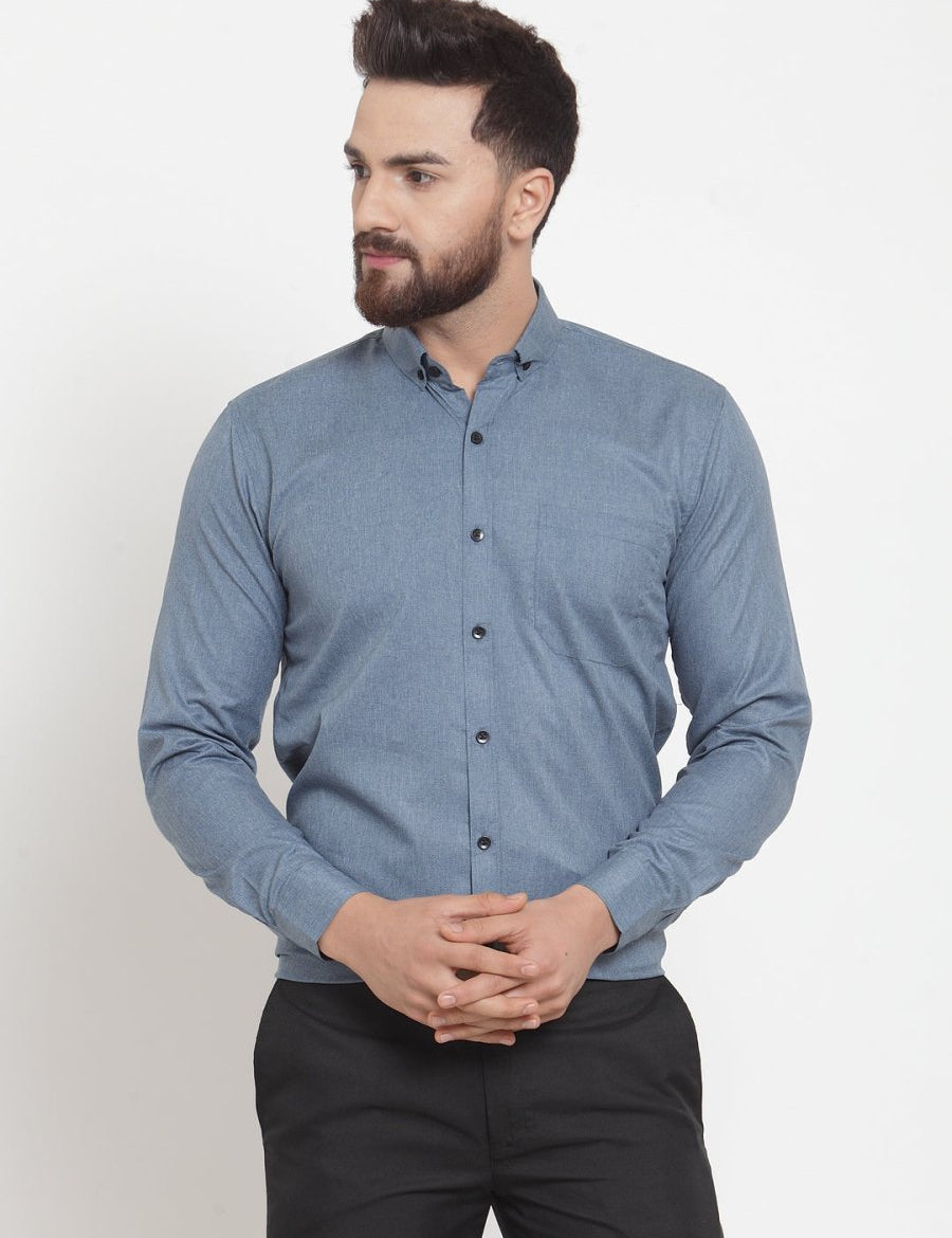Indian Needle Grey Men's Cotton Solid Button Down Formal Shirts - SF_734Grey_S