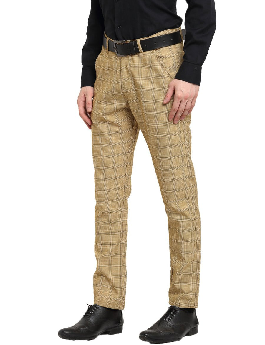 Indian Needle Men's Beige Cotton Checked Formal Trousers - FGP_267Beige_30
