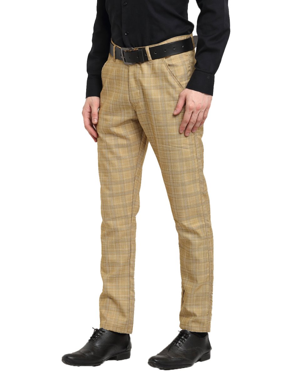 Indian Needle Men's Beige Cotton Checked Formal Trousers - FGP_267Beige_30
