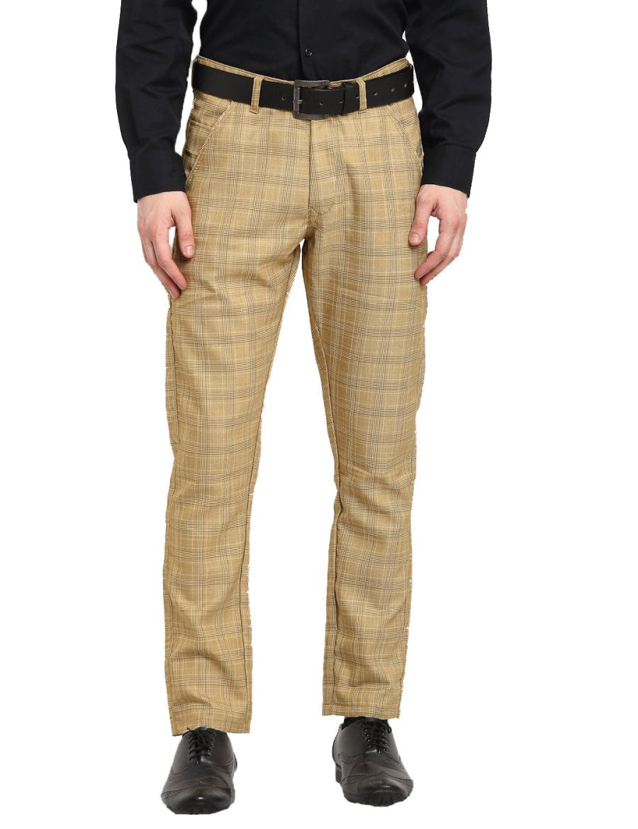 Indian Needle Men's Beige Cotton Checked Formal Trousers - FGP_267Beige_30