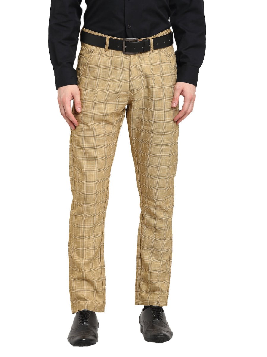 Indian Needle Men's Beige Cotton Checked Formal Trousers - FGP_267Beige_30