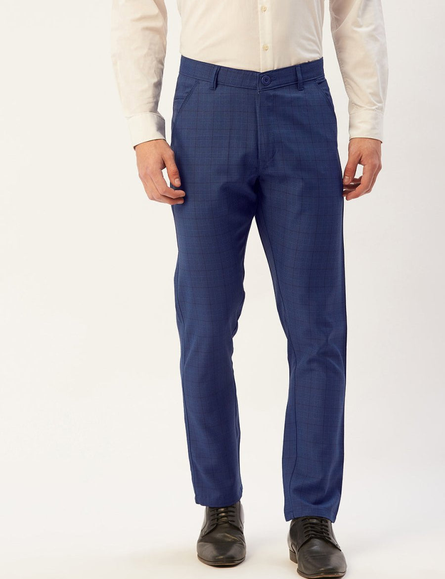 Indian Needle Men's Blue Checked Formal Trousers - FGP_270Blue_30