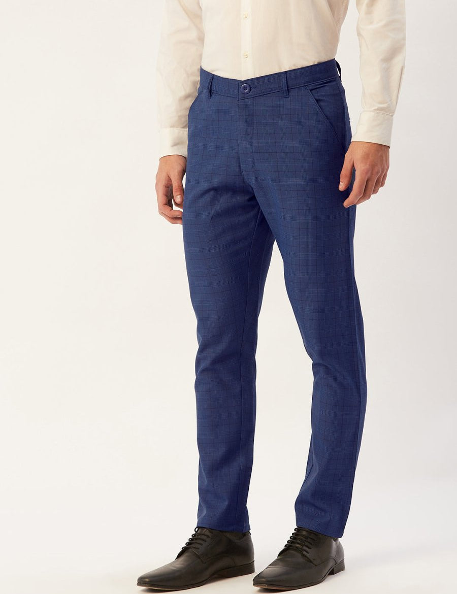 Indian Needle Men's Blue Checked Formal Trousers - FGP_270Blue_30