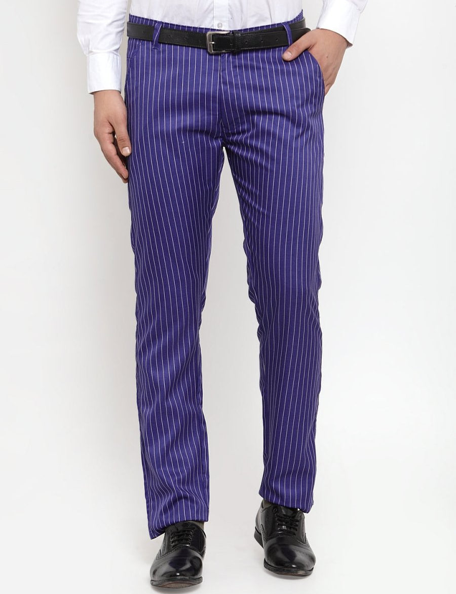 Indian Needle Men's Blue Cotton Striped Formal Trousers - FGP_255Royal-Blue_30