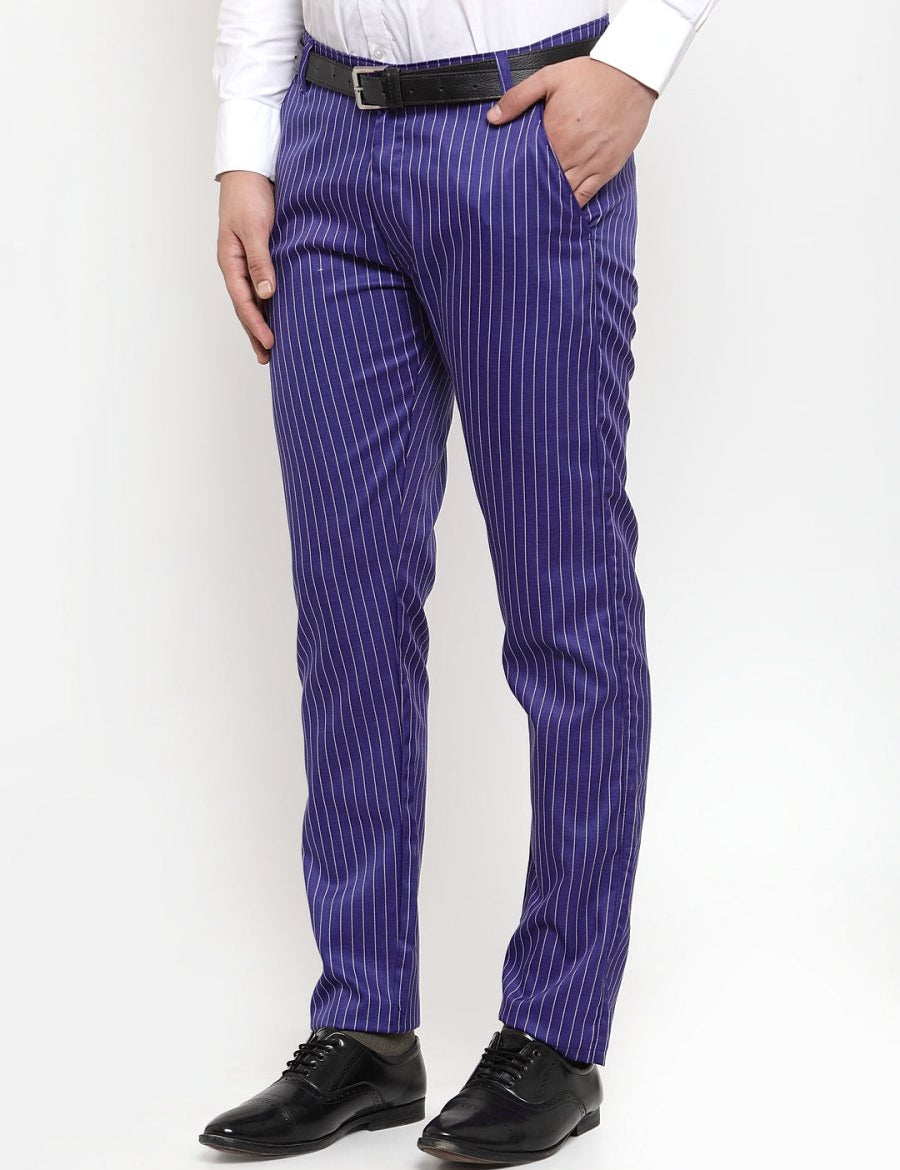 Indian Needle Men's Blue Cotton Striped Formal Trousers - FGP_255Royal-Blue_30