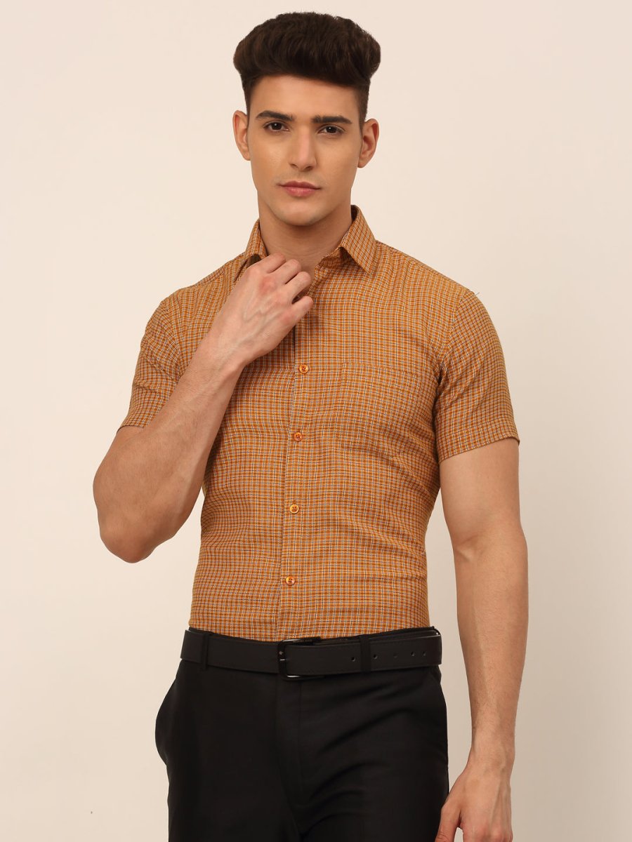 Indian Needle Mens Brought Checked Formal shirts. - SF_829Mustard_S