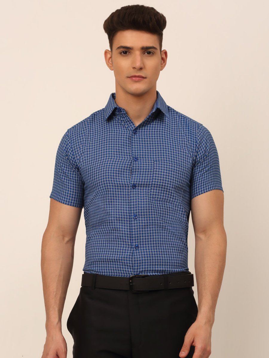 Indian Needle Mens Brought Checked Formal shirts. - SF_829Blue_S