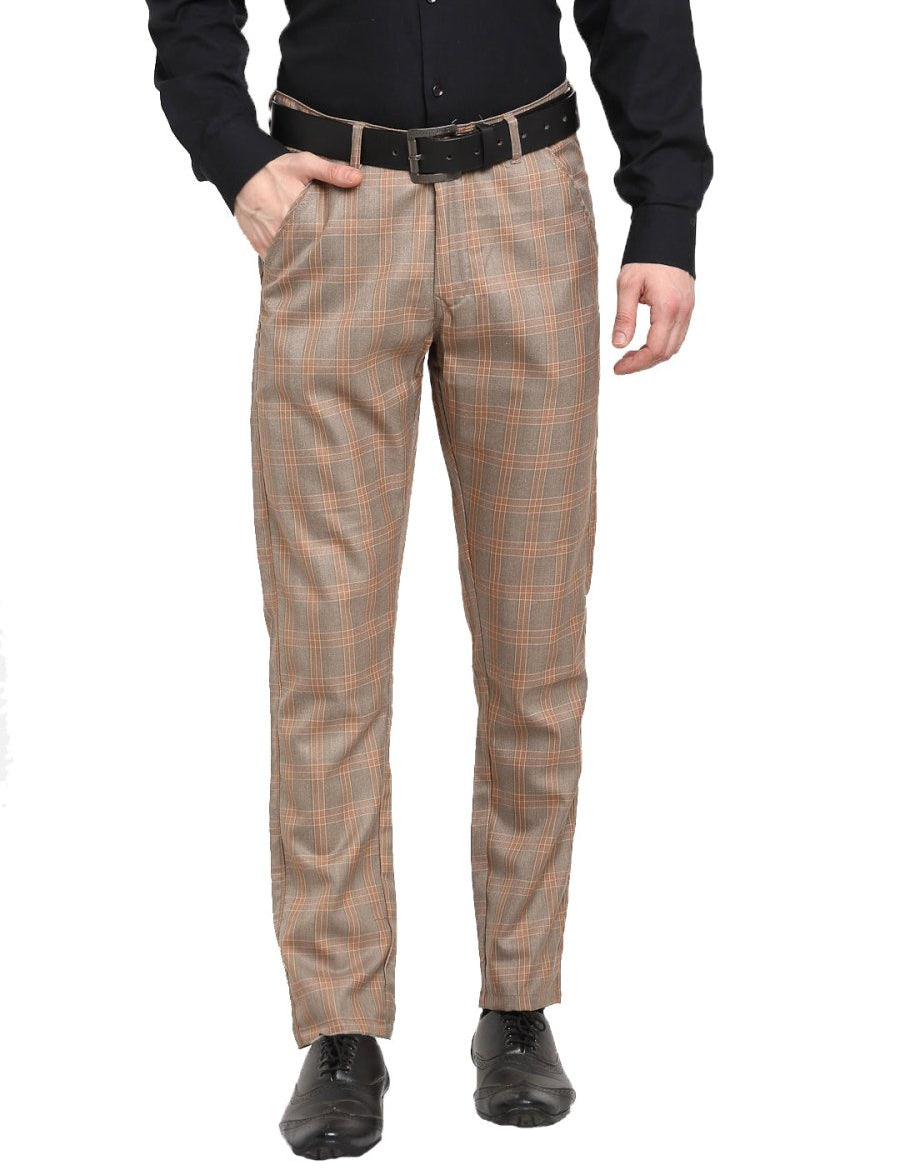 Indian Needle Men's Brown Cotton Checked Formal Trousers - FGP_267Brown_30