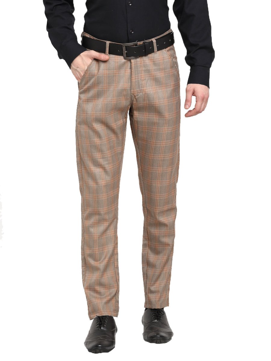 Indian Needle Men's Brown Cotton Checked Formal Trousers - FGP_267Brown_30