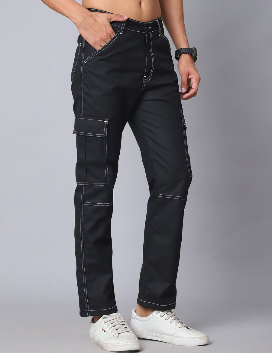 Indian needle Men's Casual Cotton Blend Solid Cargo Pants - KGP_156Black_30
