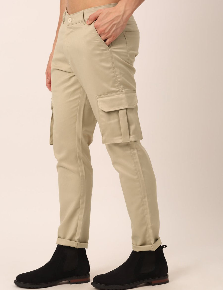 Indian Needle Men's Casual Cotton Solid Cargo Pants - KGP_154Cream_30